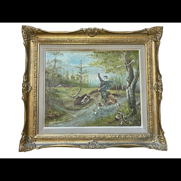 Vintage Signed oil painting Man on horse gold gilt ornate wood frame - Picture 4 of 16
